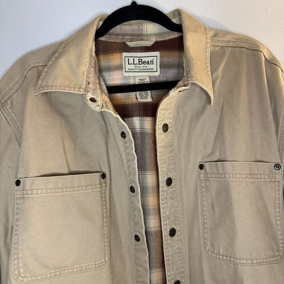L.L.Bean Mens XL Work Shirt Snap Button Up Flannel Lined Tan Canvas Shirt Jacket - Picture 2 of 7